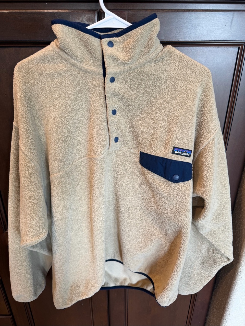 Patagonia Synchilla Snap-T Fleece Pullover - Oatmeal Tan & Navy Blue size L